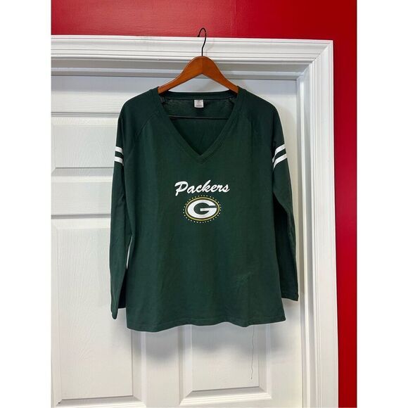 Green Bat Packers Crystal Embellished Long Sleeve V-Neck T-Shirt Sz L - Picture 1 of 6